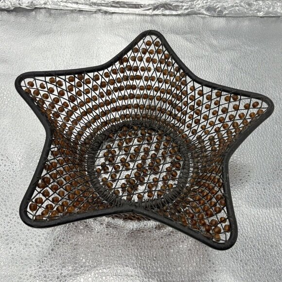 Christmas Star Basket Black Metal Wire Brown Beaded Bread Bowl Centerpiece Boho - Picture 2 of 9
